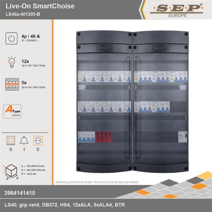 SEP Europe - Live-On SmartChoise, LS46a-401205-B, 40A, 3-fase groepenkast, 12-lichtgroepen, 5-krachtgroepen, 1-beltrafo, technische gegevens