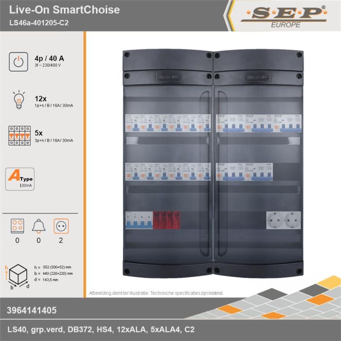SEP Europe - Live-On SmartChoise, LS46a-401205-C2, 40A, 3-fase groepenkast, 12-lichtgroepen, 5-krachtgroepen,  2V-contactdoos, technische gegevens