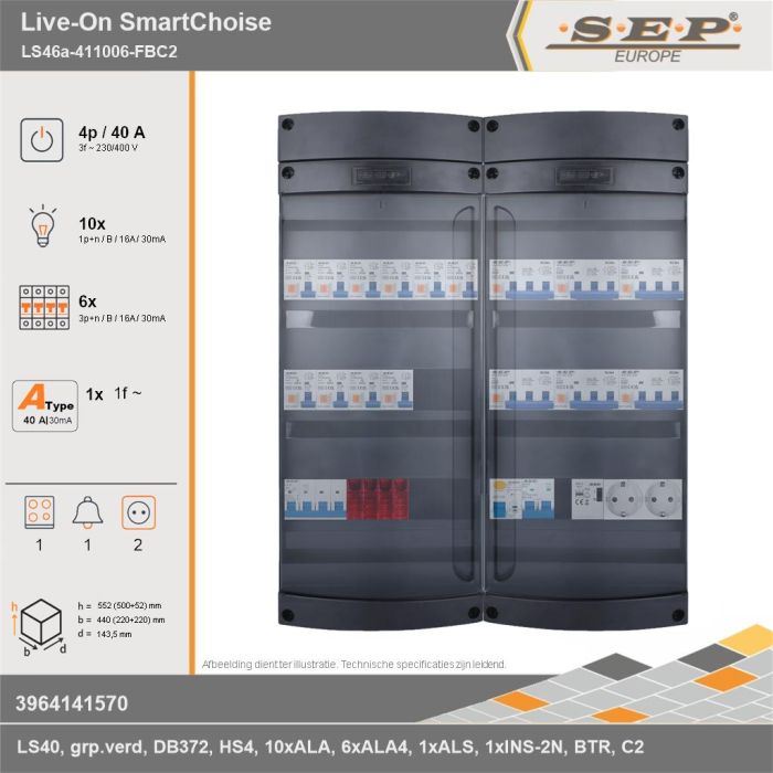 SEP Europe - Live-On SmartChoise, LS46a-411006-FBC2, 40A, 3-fase groepenkast, 10-lichtgroepen, 6-krachtgroepen, 1-fornuisgroep, 1-beltrafo,  2V-contactdoos, technische gegevens