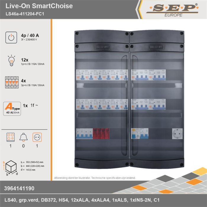 SEP Europe - Live-On SmartChoise, LS46a-411204-FC1, 40A, 3-fase groepenkast, 12-lichtgroepen, 4-krachtgroepen, 1-fornuisgroep,  1V-contactdoos, technische gegevens