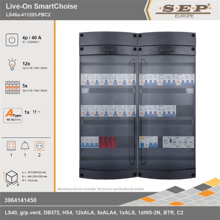 SEP Europe - Live-On SmartChoise, LS46a-411205-FBC2, 40A, 3-fase groepenkast, 12-lichtgroepen, 5-krachtgroepen, 1-fornuisgroep, 1-beltrafo,  2V-contactdoos, technische gegevens