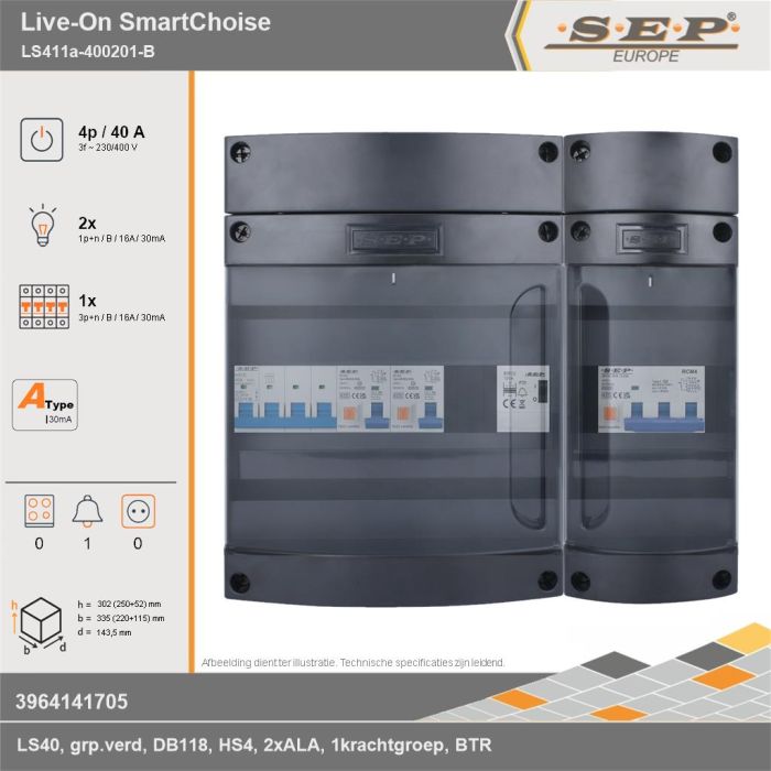 SEP Europe - Live-On SmartChoise, LS411a-400201-B, 40A, 3-fase groepenkast, 2-lichtgroepen, 1-krachtgroepen, 1-beltrafo, technische gegevens