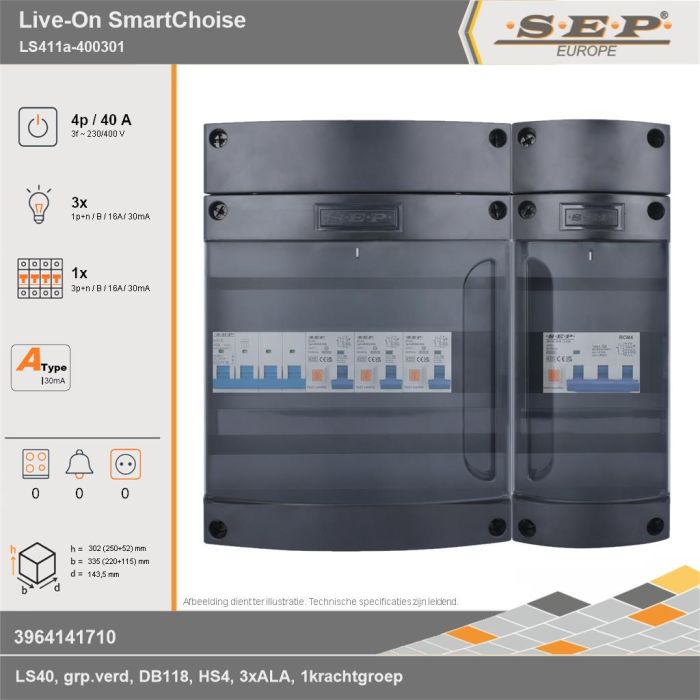 SEP Europe - Live-On SmartChoise, LS411a-400301, 40A, 3-fase groepenkast, 3-lichtgroepen, 1-krachtgroepen, technische gegevens