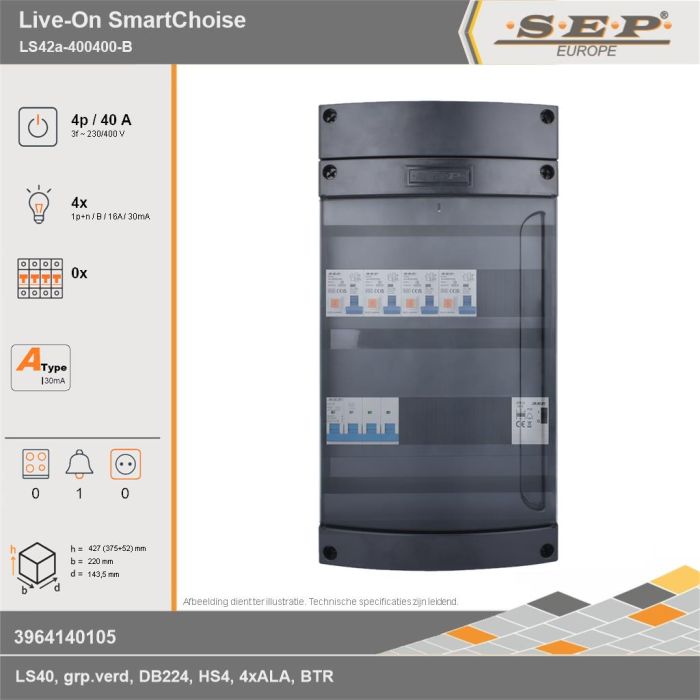 SEP Europe - Live-On SmartChoise, LS42a-400400-B, 40A, 3-fase groepenkast, 4-lichtgroepen, 1-beltrafo, technische gegevens