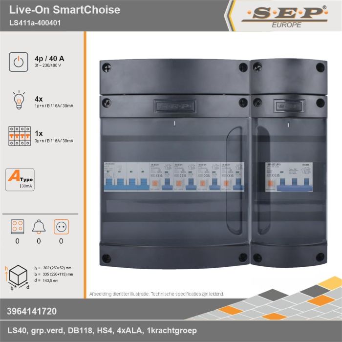 SEP Europe - Live-On SmartChoise, LS411a-400401, 40A, 3-fase groepenkast, 4-lichtgroepen, 1-krachtgroepen, technische gegevens