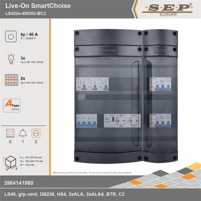 SEP Europe - Live-On SmartChoise, LS422a-400302-BC2, 40A, 3-fase groepenkast, 3-lichtgroepen, 2-krachtgroepen, 1-beltrafo,  2V-contactdoos, technische gegevens