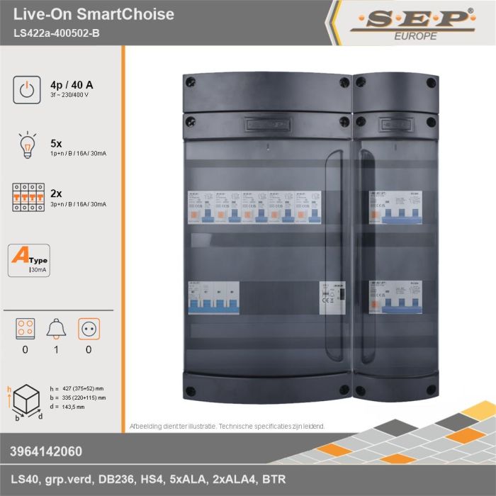 SEP Europe - Live-On SmartChoise, LS422a-400502-B, 40A, 3-fase groepenkast, 5-lichtgroepen, 2-krachtgroepen, 1-beltrafo, technische gegevens