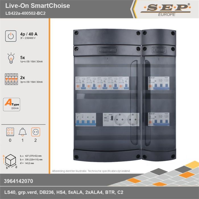 SEP Europe - Live-On SmartChoise, LS422a-400502-BC2, 40A, 3-fase groepenkast, 5-lichtgroepen, 2-krachtgroepen, 1-beltrafo,  2V-contactdoos, technische gegevens