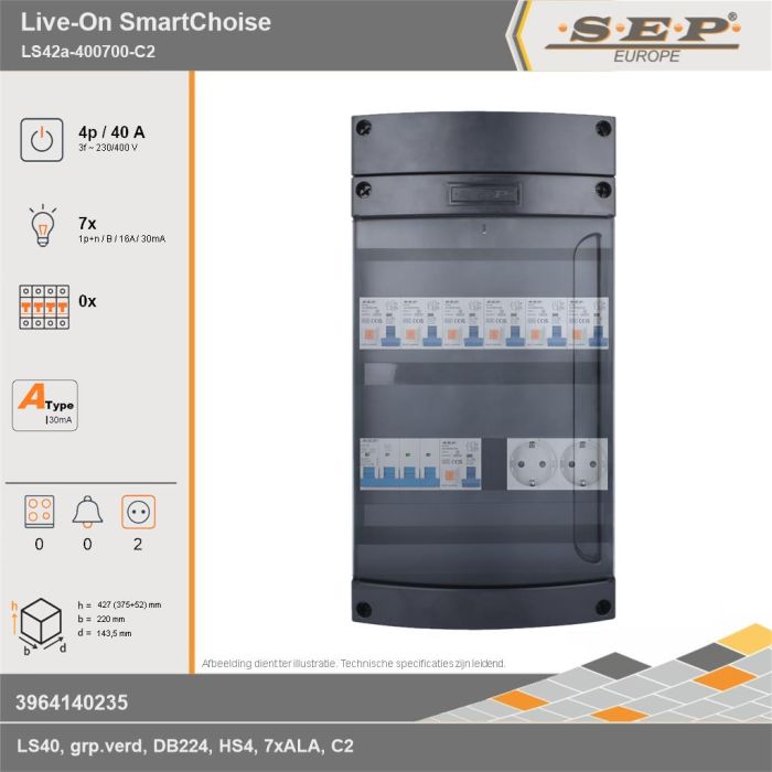 SEP Europe - Live-On SmartChoise, LS42a-400700-C2, 40A, 3-fase groepenkast, 7-lichtgroepen,  2V-contactdoos, technische gegevens