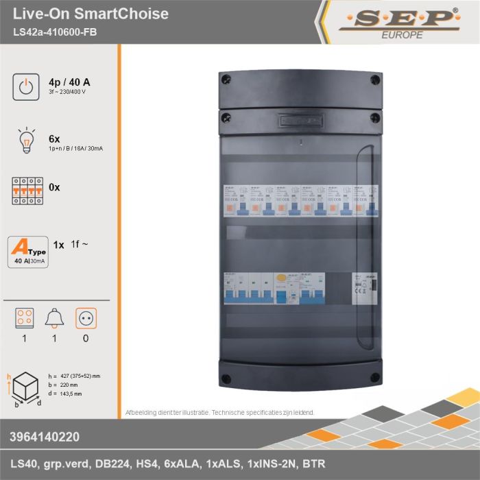 SEP Europe - Live-On SmartChoise, LS42a-410600-FB, 40A, 3-fase groepenkast, 6-lichtgroepen, 1-fornuisgroep, 1-beltrafo, technische gegevens