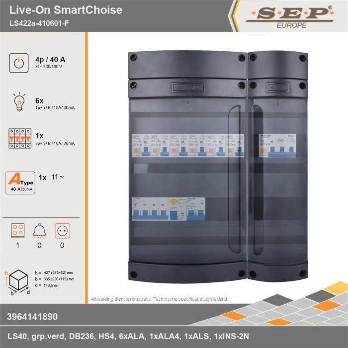 SEP Europe - Live-On SmartChoise, LS422a-410601-F, 40A, 3-fase groepenkast, 6-lichtgroepen, 1-krachtgroepen, 1-fornuisgroep, technische gegevens