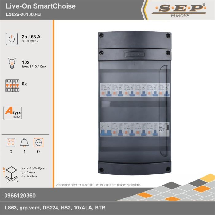 SEP Europe - Live-On SmartChoise, LS62a-201000-B, 63A, 3-fase groepenkast, 10-lichtgroepen, 1-beltrafo, technische gegevens