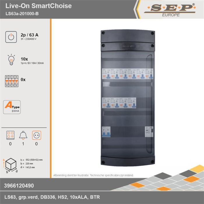 SEP Europe - Live-On SmartChoise, LS63a-201000-B, 63A, 3-fase groepenkast, 10-lichtgroepen, 1-beltrafo, technische gegevens