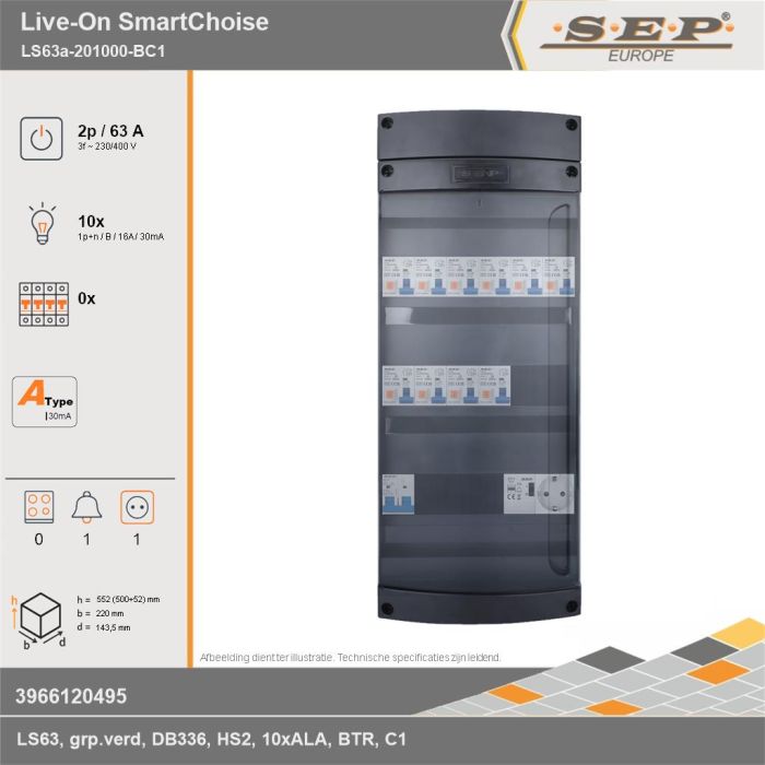 SEP Europe - Live-On SmartChoise, LS63a-201000-BC1, 63A, 3-fase groepenkast, 10-lichtgroepen, 1-beltrafo,  1V-contactdoos, technische gegevens