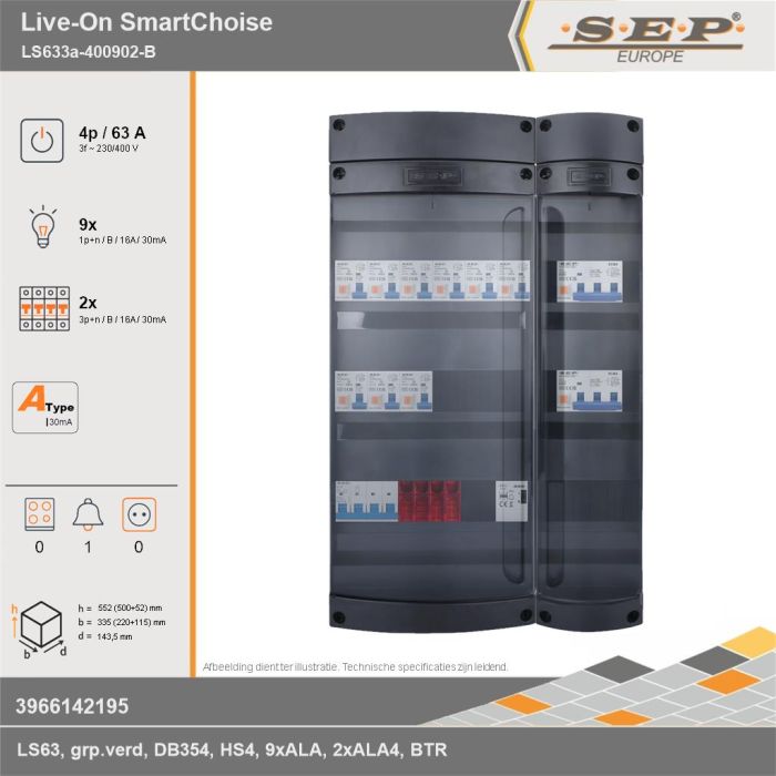 SEP Europe - Live-On SmartChoise, LS633a-400902-B, 63A, 3-fase groepenkast, 9-lichtgroepen, 2-krachtgroepen, 1-beltrafo, technische gegevens