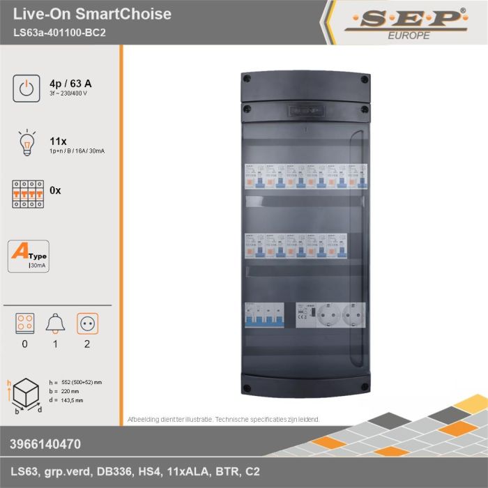 SEP Europe - Live-On SmartChoise, LS63a-401100-BC2, 63A, 3-fase groepenkast, 11-lichtgroepen, 1-beltrafo,  2V-contactdoos, technische gegevens
