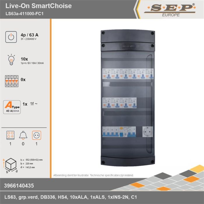 SEP Europe - Live-On SmartChoise, LS63a-411000-FC1, 63A, 3-fase groepenkast, 10-lichtgroepen, 1-fornuisgroep,  1V-contactdoos, technische gegevens