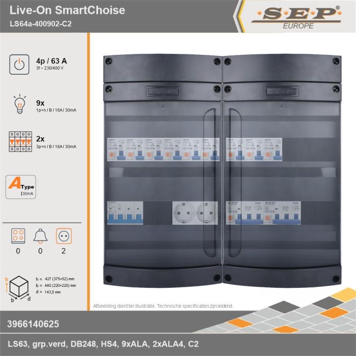 SEP Europe - Live-On SmartChoise, LS64a-400902-C2, 63A, 3-fase groepenkast, 9-lichtgroepen, 2-krachtgroepen,  2V-contactdoos, technische gegevens