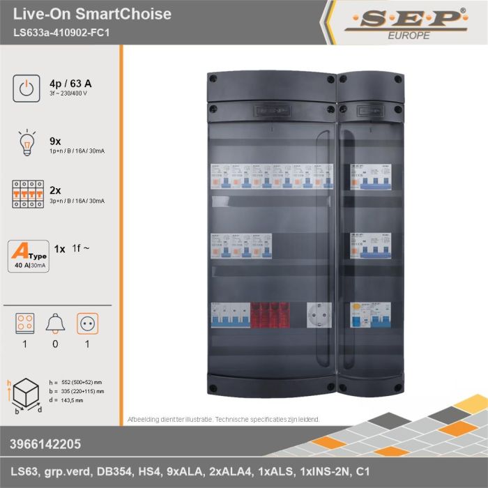 SEP Europe - Live-On SmartChoise, LS633a-410902-FC1, 63A, 3-fase groepenkast, 9-lichtgroepen, 2-krachtgroepen, 1-fornuisgroep,  1V-contactdoos, technische gegevens