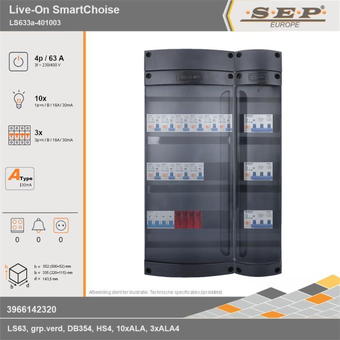 SEP Europe - Live-On SmartChoise, LS633a-401003, 63A, 3-fase groepenkast, 10-lichtgroepen, 3-krachtgroepen, technische gegevens