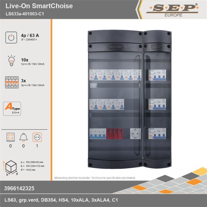 SEP Europe - Live-On SmartChoise, LS633a-401003-C1, 63A, 3-fase groepenkast, 10-lichtgroepen, 3-krachtgroepen,  1V-contactdoos, technische gegevens