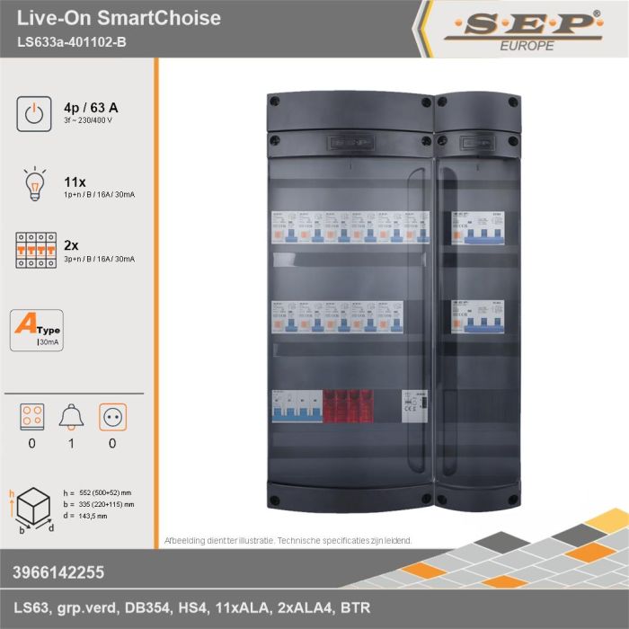 SEP Europe - Live-On SmartChoise, LS633a-401102-B, 63A, 3-fase groepenkast, 11-lichtgroepen, 2-krachtgroepen, 1-beltrafo, technische gegevens