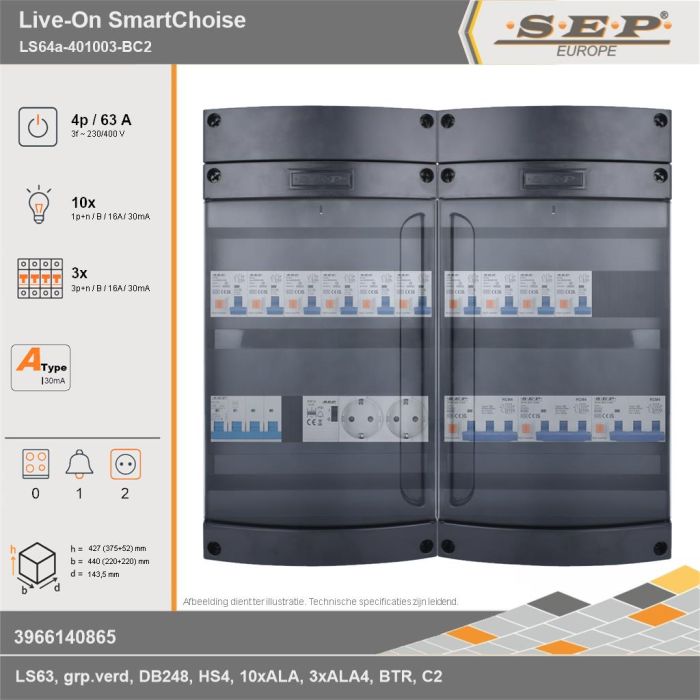 SEP Europe - Live-On SmartChoise, LS64a-401003-BC2, 63A, 3-fase groepenkast, 10-lichtgroepen, 3-krachtgroepen, 1-beltrafo,  2V-contactdoos, technische gegevens