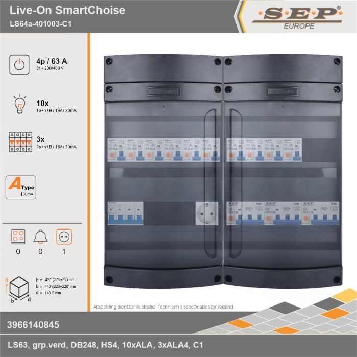 SEP Europe - Live-On SmartChoise, LS64a-401003-C1, 63A, 3-fase groepenkast, 10-lichtgroepen, 3-krachtgroepen,  1V-contactdoos, technische gegevens