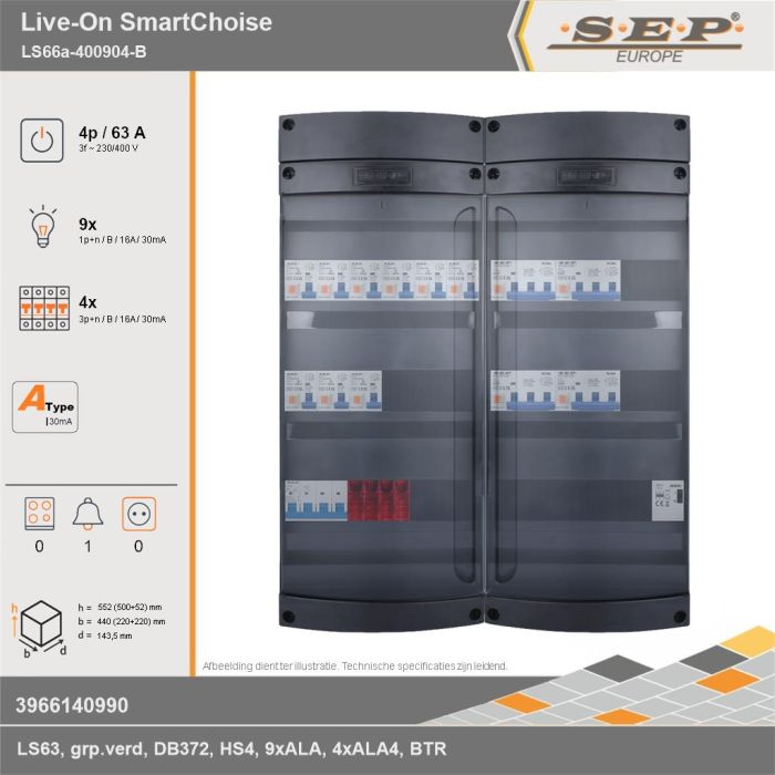 SEP Europe - Live-On SmartChoise, LS66a-400904-B, 63A, 3-fase groepenkast, 9-lichtgroepen, 4-krachtgroepen, 1-beltrafo, technische gegevens