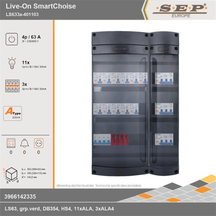 SEP Europe - Live-On SmartChoise, LS633a-401103, 63A, 3-fase groepenkast, 11-lichtgroepen, 3-krachtgroepen, technische gegevens