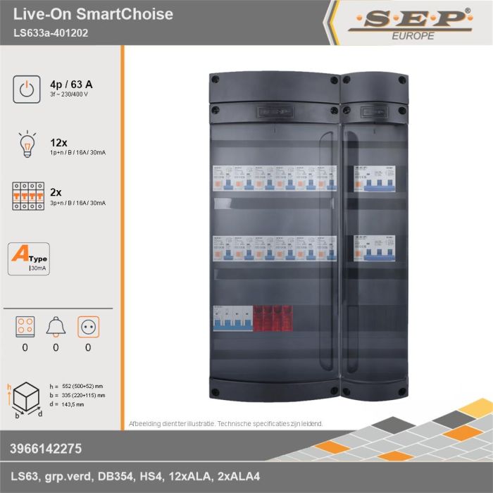 SEP Europe - Live-On SmartChoise, LS633a-401202, 63A, 3-fase groepenkast, 12-lichtgroepen, 2-krachtgroepen, technische gegevens