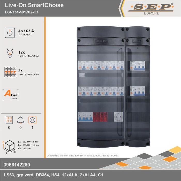 SEP Europe - Live-On SmartChoise, LS633a-401202-C1, 63A, 3-fase groepenkast, 12-lichtgroepen, 2-krachtgroepen,  1V-contactdoos, technische gegevens