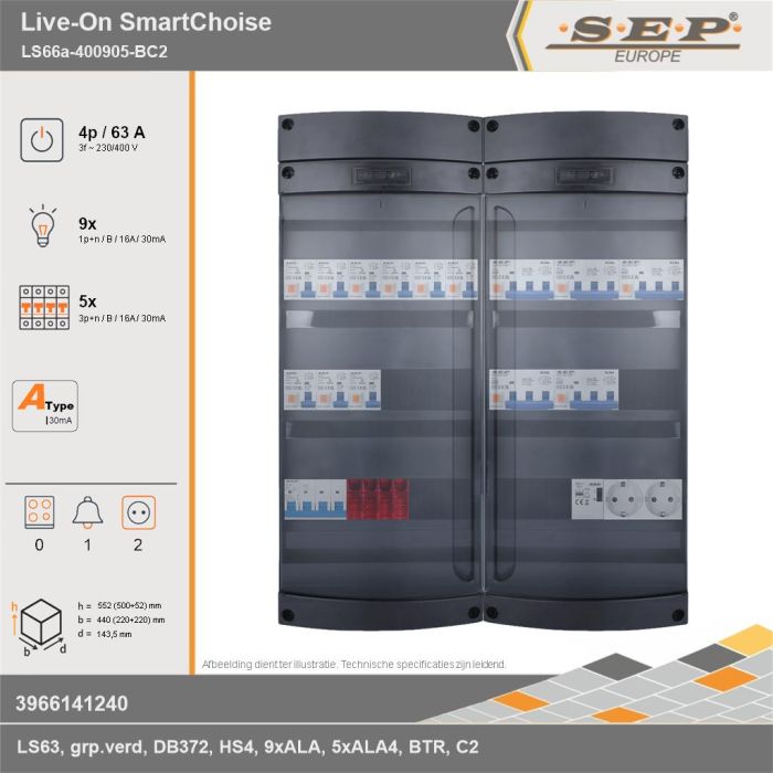 SEP Europe - Live-On SmartChoise, LS66a-400905-BC2, 63A, 3-fase groepenkast, 9-lichtgroepen, 5-krachtgroepen, 1-beltrafo,  2V-contactdoos, technische gegevens
