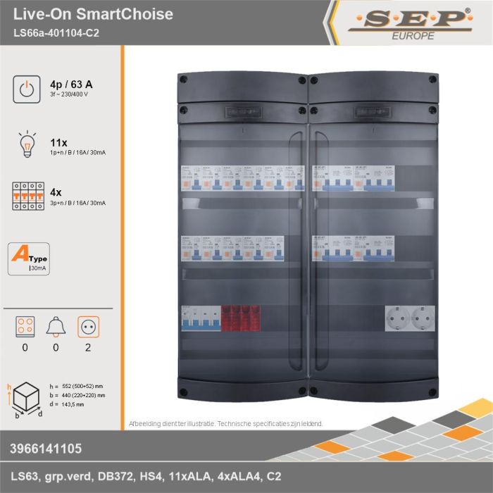 SEP Europe - Live-On SmartChoise, LS66a-401104-C2, 63A, 3-fase groepenkast, 11-lichtgroepen, 4-krachtgroepen,  2V-contactdoos, technische gegevens