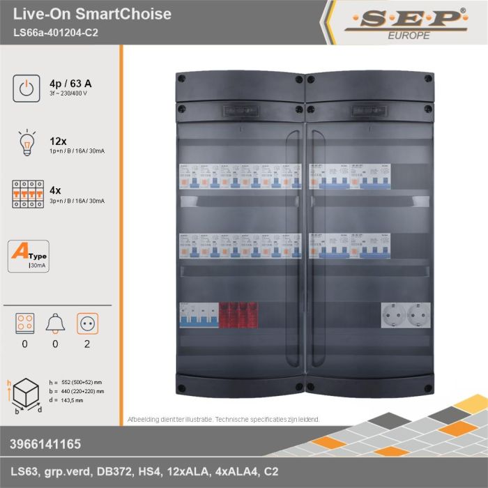 SEP Europe - Live-On SmartChoise, LS66a-401204-C2, 63A, 3-fase groepenkast, 12-lichtgroepen, 4-krachtgroepen,  2V-contactdoos, technische gegevens