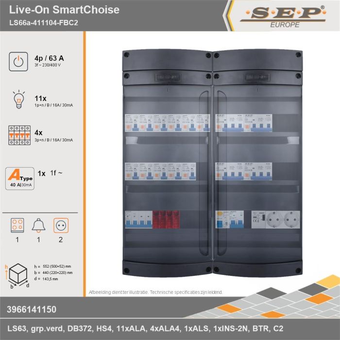 SEP Europe - Live-On SmartChoise, LS66a-411104-FBC2, 63A, 3-fase groepenkast, 11-lichtgroepen, 4-krachtgroepen, 1-fornuisgroep, 1-beltrafo,  2V-contactdoos, technische gegevens