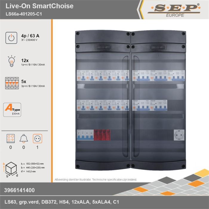 SEP Europe - Live-On SmartChoise, LS66a-401205-C1, 63A, 3-fase groepenkast, 12-lichtgroepen, 5-krachtgroepen,  1V-contactdoos, technische gegevens