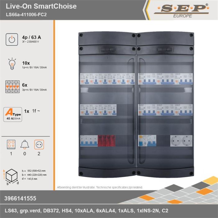 SEP Europe - Live-On SmartChoise, LS66a-411006-FC2, 63A, 3-fase groepenkast, 10-lichtgroepen, 6-krachtgroepen, 1-fornuisgroep,  2V-contactdoos, technische gegevens