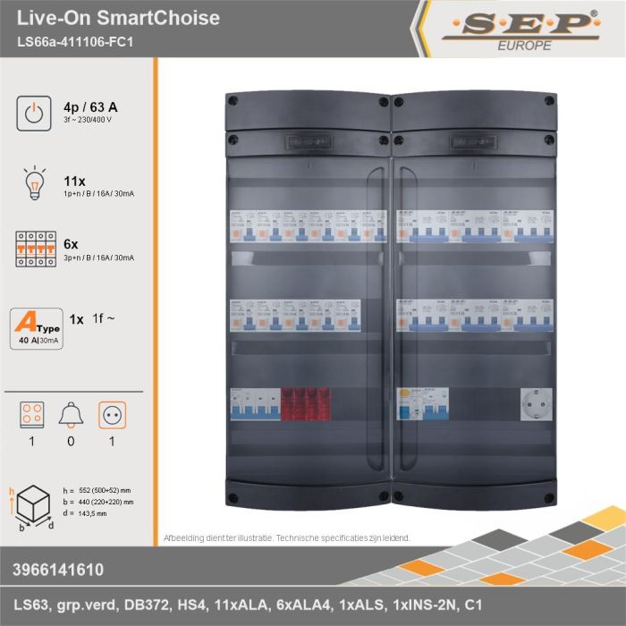 SEP Europe - Live-On SmartChoise, LS66a-411106-FC1, 63A, 3-fase groepenkast, 11-lichtgroepen, 6-krachtgroepen, 1-fornuisgroep,  1V-contactdoos, technische gegevens
