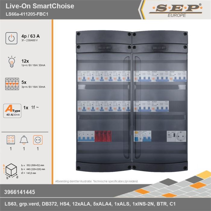 SEP Europe - Live-On SmartChoise, LS66a-411205-FBC1, 63A, 3-fase groepenkast, 12-lichtgroepen, 5-krachtgroepen, 1-fornuisgroep, 1-beltrafo,  1V-contactdoos, technische gegevens