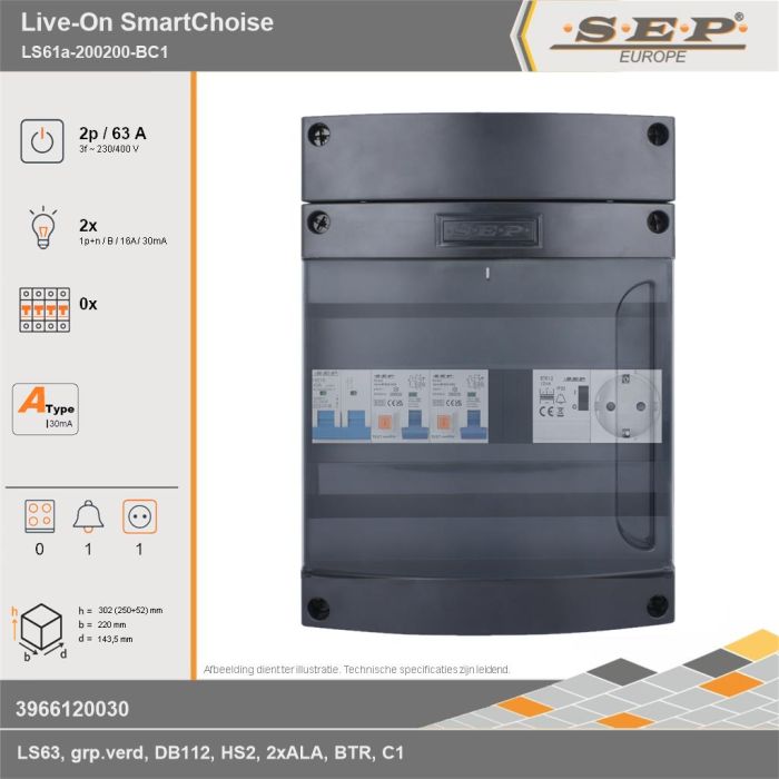 SEP Europe - Live-On SmartChoise, LS61a-200200-BC1, 63A, 3-fase groepenkast, 2-lichtgroepen, 1-beltrafo,  1V-contactdoos, technische gegevens