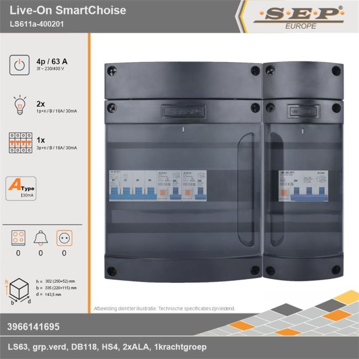 SEP Europe - Live-On SmartChoise, LS611a-400201, 63A, 3-fase groepenkast, 2-lichtgroepen, 1-krachtgroepen, technische gegevens