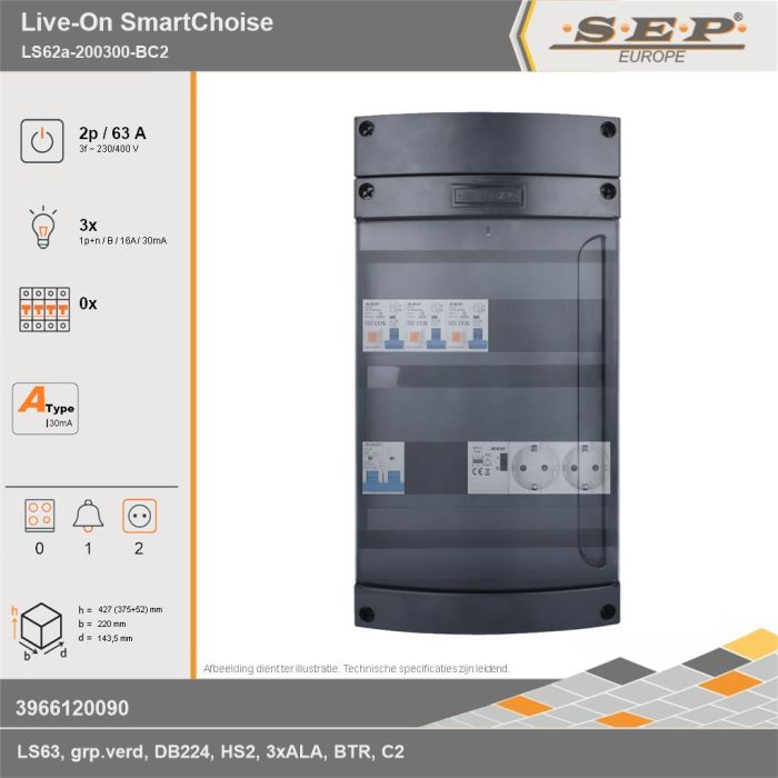 SEP Europe - Live-On SmartChoise, LS62a-200300-BC2, 63A, 3-fase groepenkast, 3-lichtgroepen, 1-beltrafo,  2V-contactdoos, technische gegevens