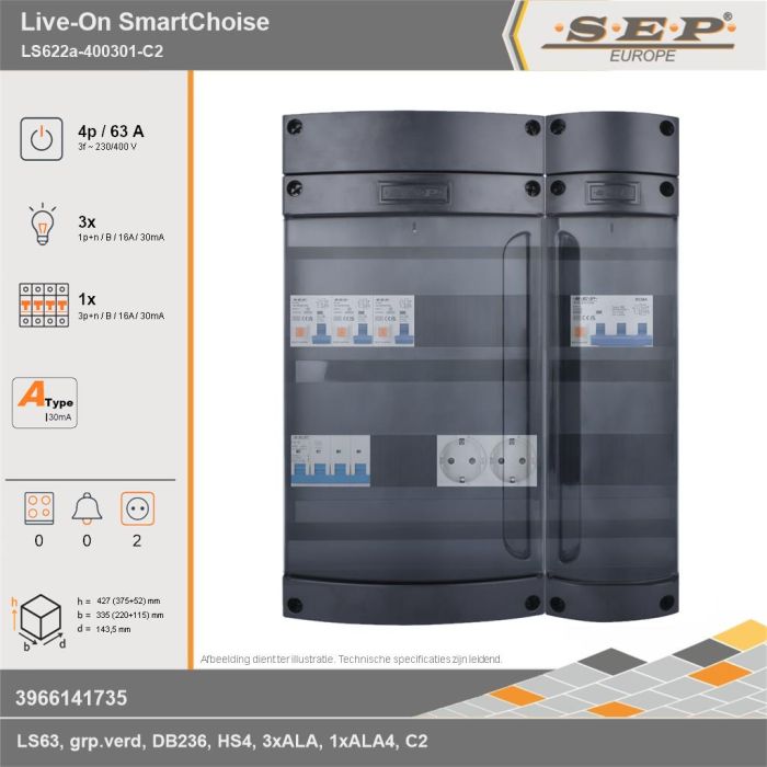 SEP Europe - Live-On SmartChoise, LS622a-400301-C2, 63A, 3-fase groepenkast, 3-lichtgroepen, 1-krachtgroepen,  2V-contactdoos, technische gegevens