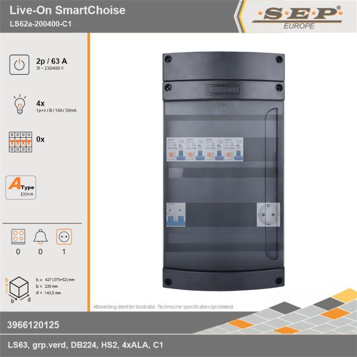 SEP Europe - Live-On SmartChoise, LS62a-200400-C1, 63A, 3-fase groepenkast, 4-lichtgroepen,  1V-contactdoos, technische gegevens