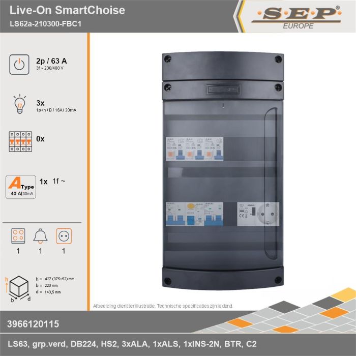 SEP Europe - Live-On SmartChoise, LS62a-210300-FBC1, 63A, 3-fase groepenkast, 3-lichtgroepen, 1-fornuisgroep, 1-beltrafo,  1V-contactdoos, technische gegevens