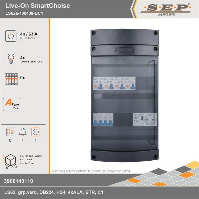 SEP Europe - Live-On SmartChoise, LS62a-400400-BC1, 63A, 3-fase groepenkast, 4-lichtgroepen, 1-beltrafo,  1V-contactdoos, technische gegevens