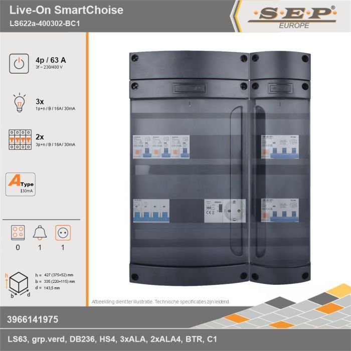 SEP Europe - Live-On SmartChoise, LS622a-400302-BC1, 63A, 3-fase groepenkast, 3-lichtgroepen, 2-krachtgroepen, 1-beltrafo,  1V-contactdoos, technische gegevens