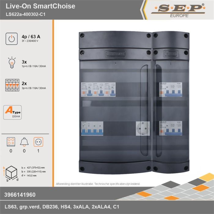 SEP Europe - Live-On SmartChoise, LS622a-400302-C1, 63A, 3-fase groepenkast, 3-lichtgroepen, 2-krachtgroepen,  1V-contactdoos, technische gegevens