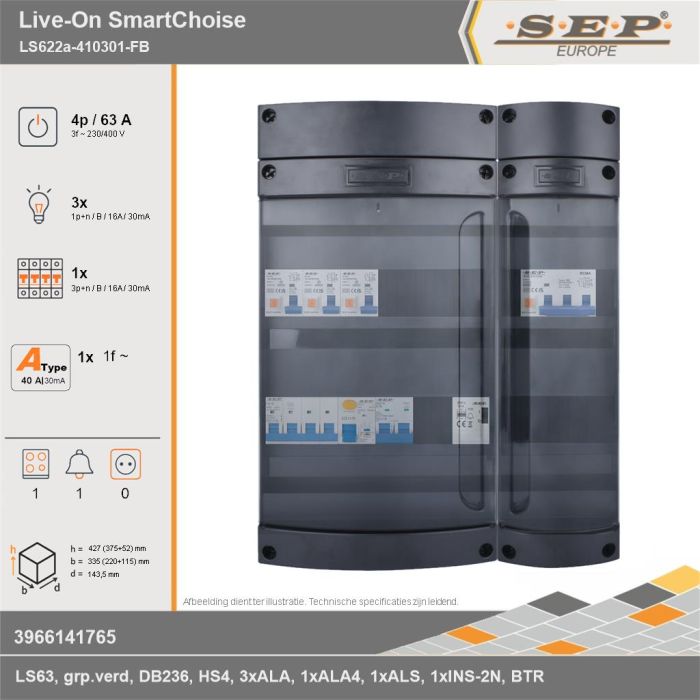 SEP Europe - Live-On SmartChoise, LS622a-410301-FB, 63A, 3-fase groepenkast, 3-lichtgroepen, 1-krachtgroepen, 1-fornuisgroep, 1-beltrafo, technische gegevens